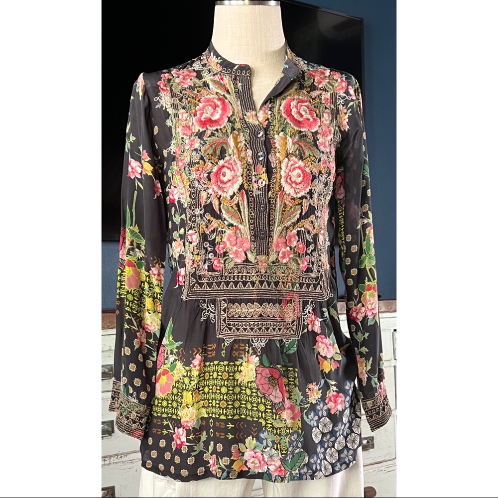 Johnny Was Rose Nephele Silk Embroidered Blouse XS